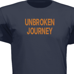 Dark blue T-shirt with the words ‘UNBROKEN JOURNEY’ printed in bold orange letters across the chest.