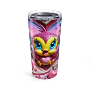 20oz Pink Valentine Bird Tumbler — Cute Heart Candy Woodland Design