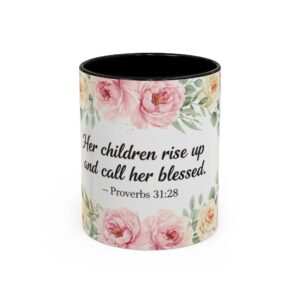 Proverbs 31:28 Floral Accent Coffee Mug — "Her children rise up and call her blessed"
