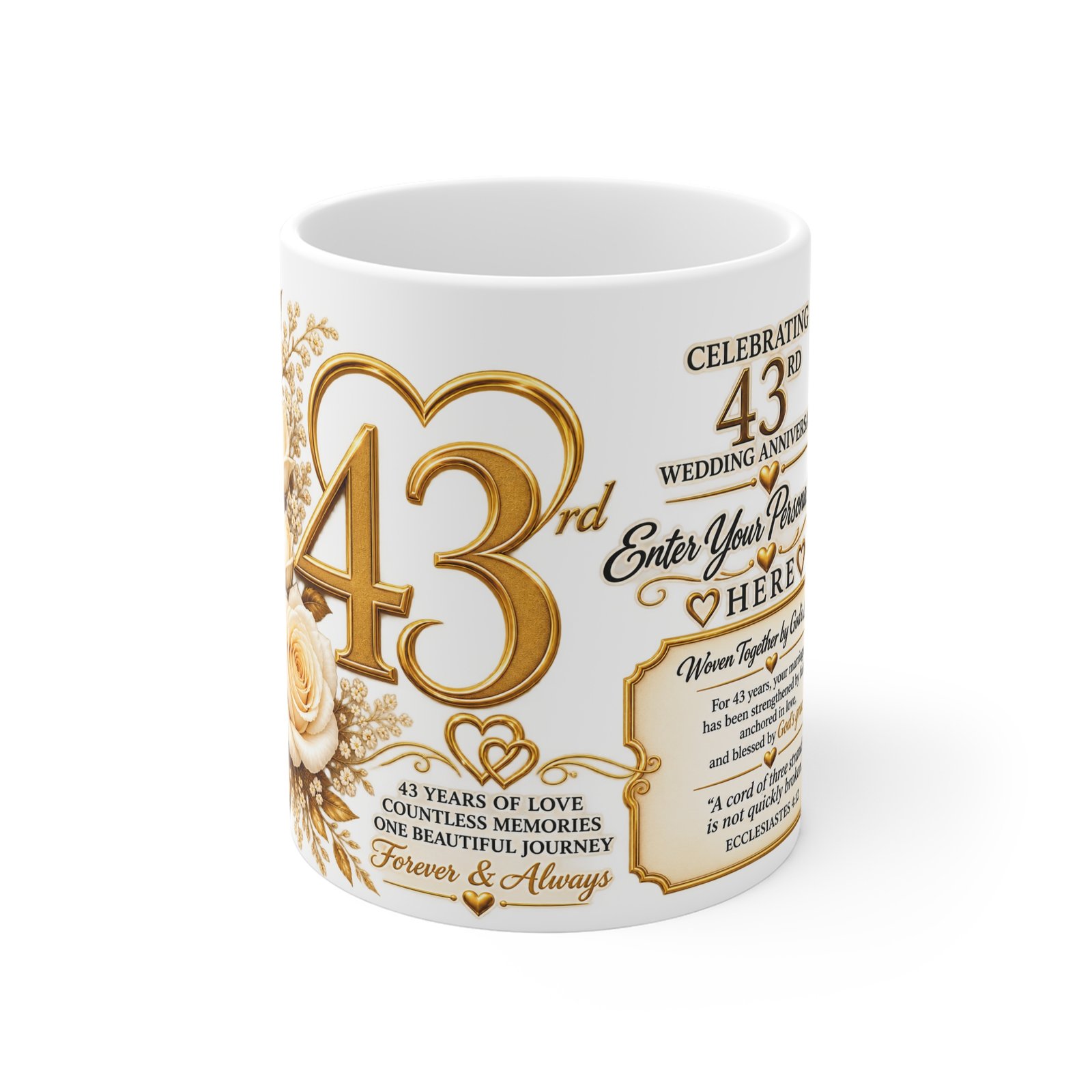 43rd Wedding Anniversary Gold Roses Mug — Customizable Keepsake