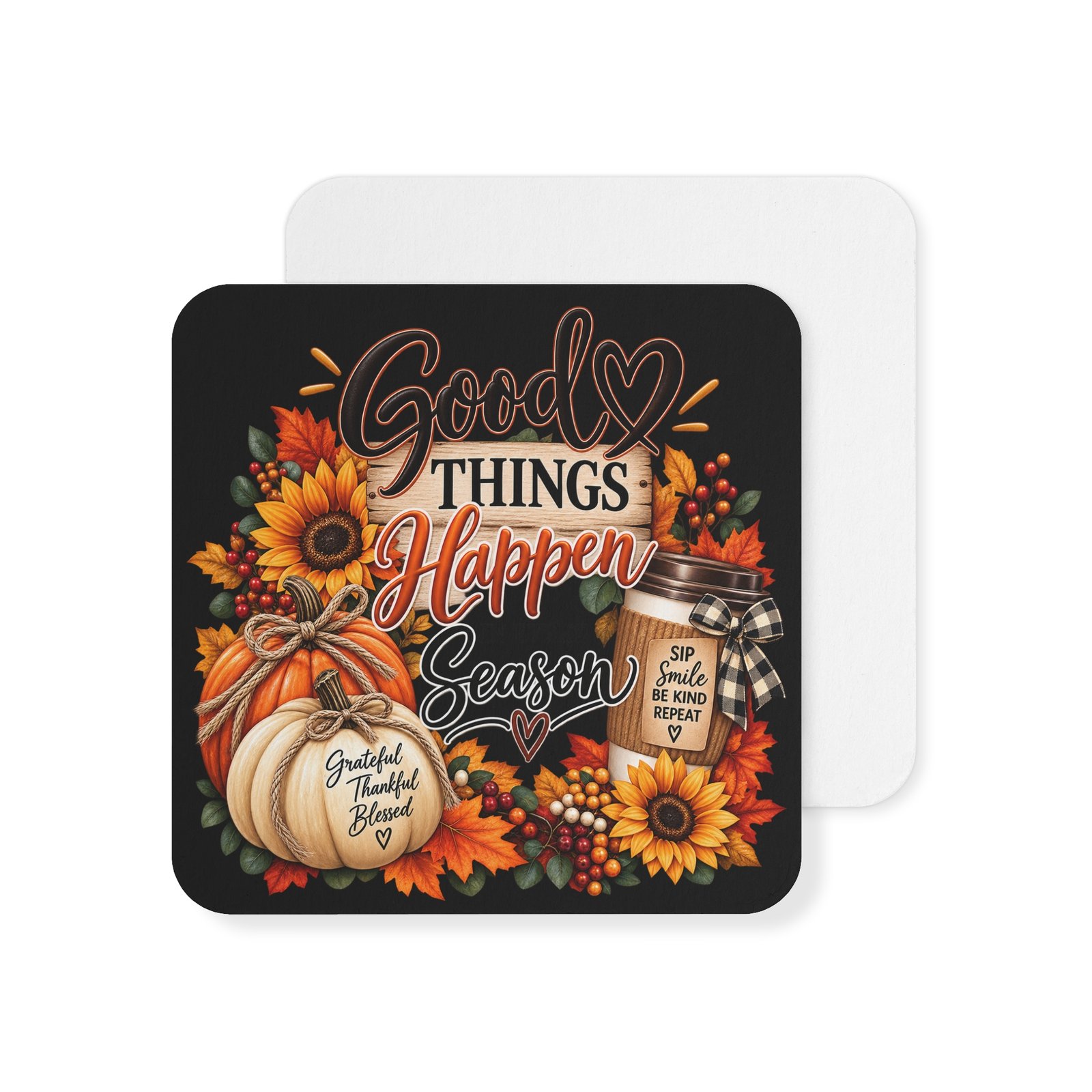 Autumn 'Good Things Happen' Coasters — Fall Sunflowers & Pumpkin Drink Coaster Set (50/100 pcs) - Image 7