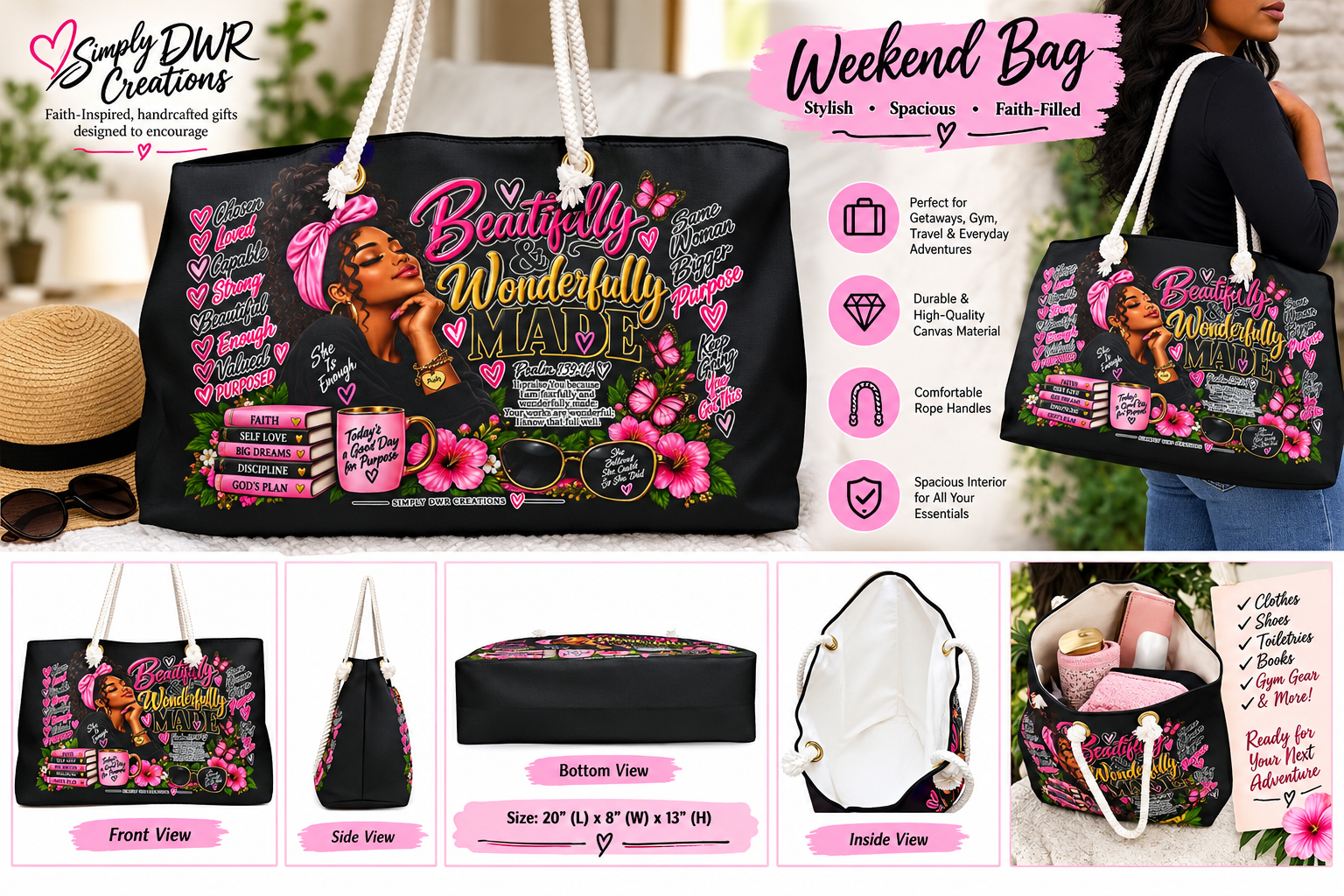 Weekender Bag — "Beautifully Wonderfully Made" Floral Empowerment Travel Tote - Image 2