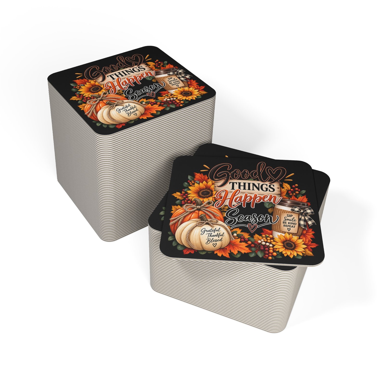 Autumn 'Good Things Happen' Coasters — Fall Sunflowers & Pumpkin Drink Coaster Set (50/100 pcs) - Image 8