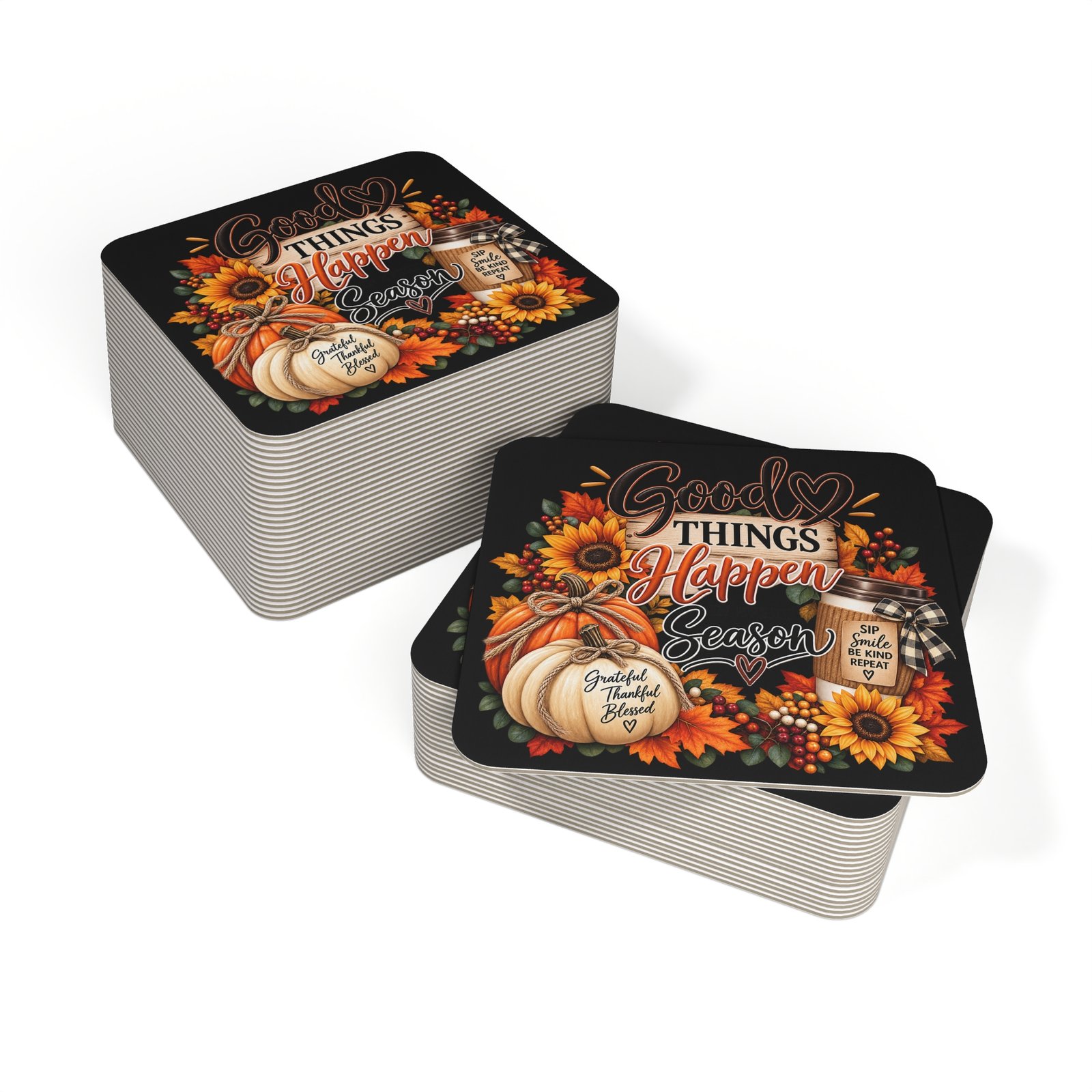 Autumn 'Good Things Happen' Coasters — Fall Sunflowers & Pumpkin Drink Coaster Set (50/100 pcs) - Image 4